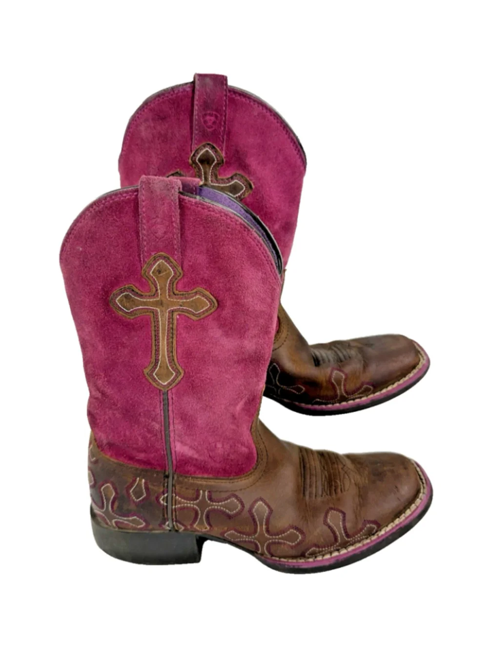 Girls US 1.5 Ariat Kid's Boots Crossroads Distressed Brown Fuschia Crosses